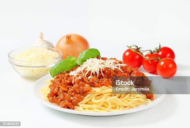 Spaghetti Bolognese With Cheese And Vegetables Stock Photo - Download Image Now - Bolognese Sauce, Grated, Heap