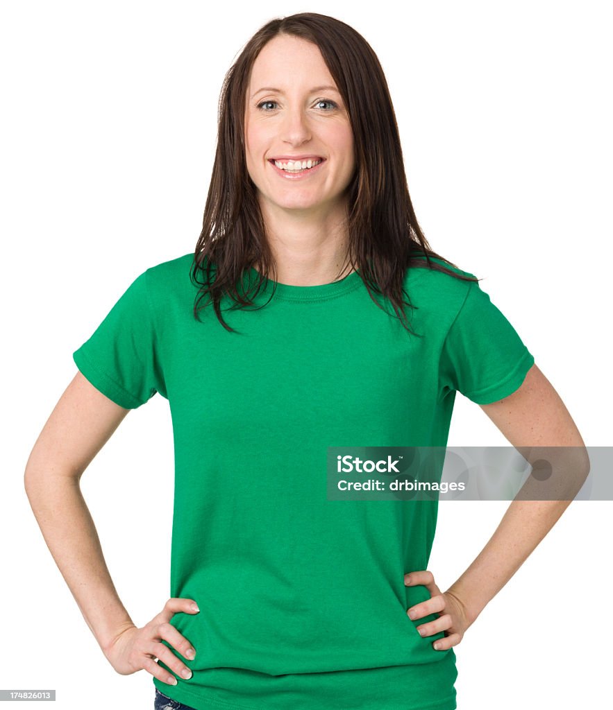 Smiling Young Woman With Hands On Hips Portrait of a woman isolated on a white background.  T-Shirt Stock Photo