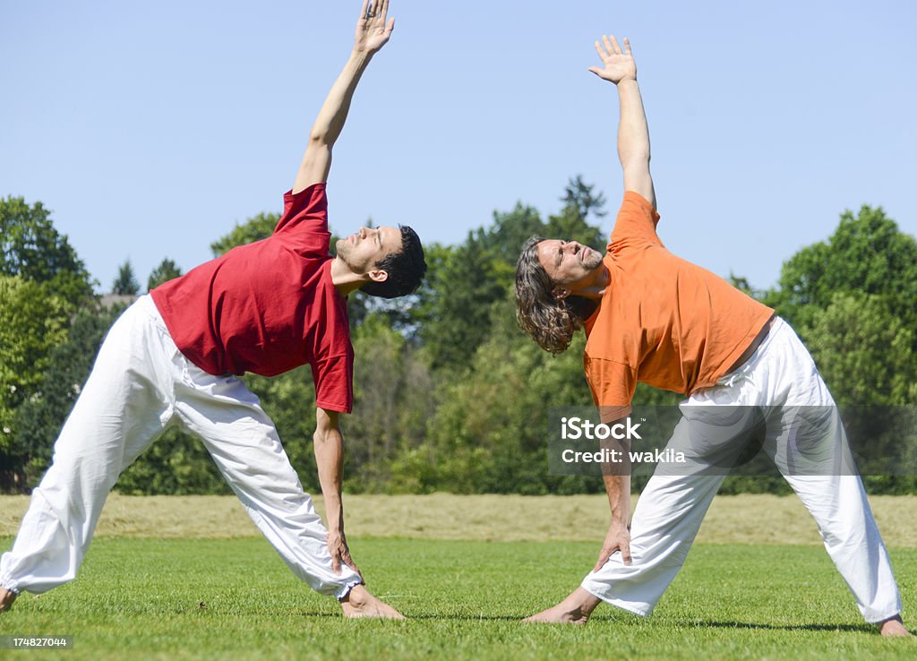 yoga Gruppe außerhalb auf Wiese mit vier Personen stretching-aerobic - Lizenzfrei Achtsamkeit - Persönlichkeitseigenschaft Stock-Foto