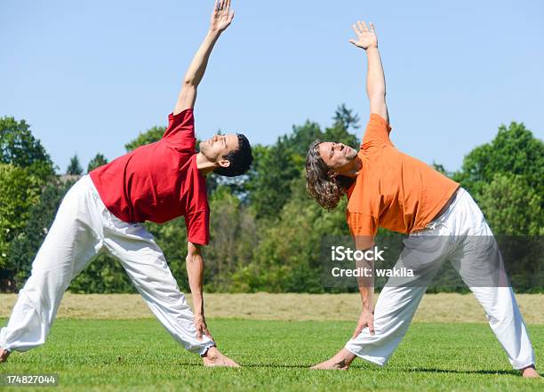 Foto de Ioga De Grupo Exterior À Meadow Com Quatro Pessoas Alongamento De Aeróbica e mais fotos de stock de Adulto