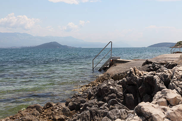 istock turquoise blue mediterranean beach view with two stairs Trogir Croatia 174827395
