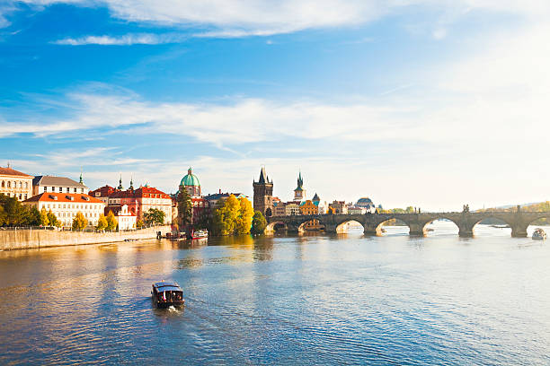 Picture of a sunny day overlooking Charles Bridge in Prague Cityscape of Prague in sunny, autumnal day (Czech Republic). charles bridge photos stock pictures, royalty-free photos & images