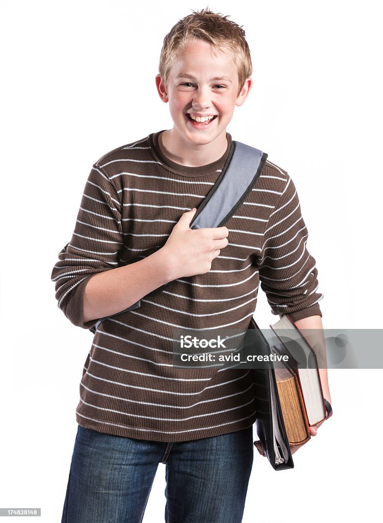 Jovem estudante com livros rindo - Foto de stock de 12-13 Anos royalty-free
