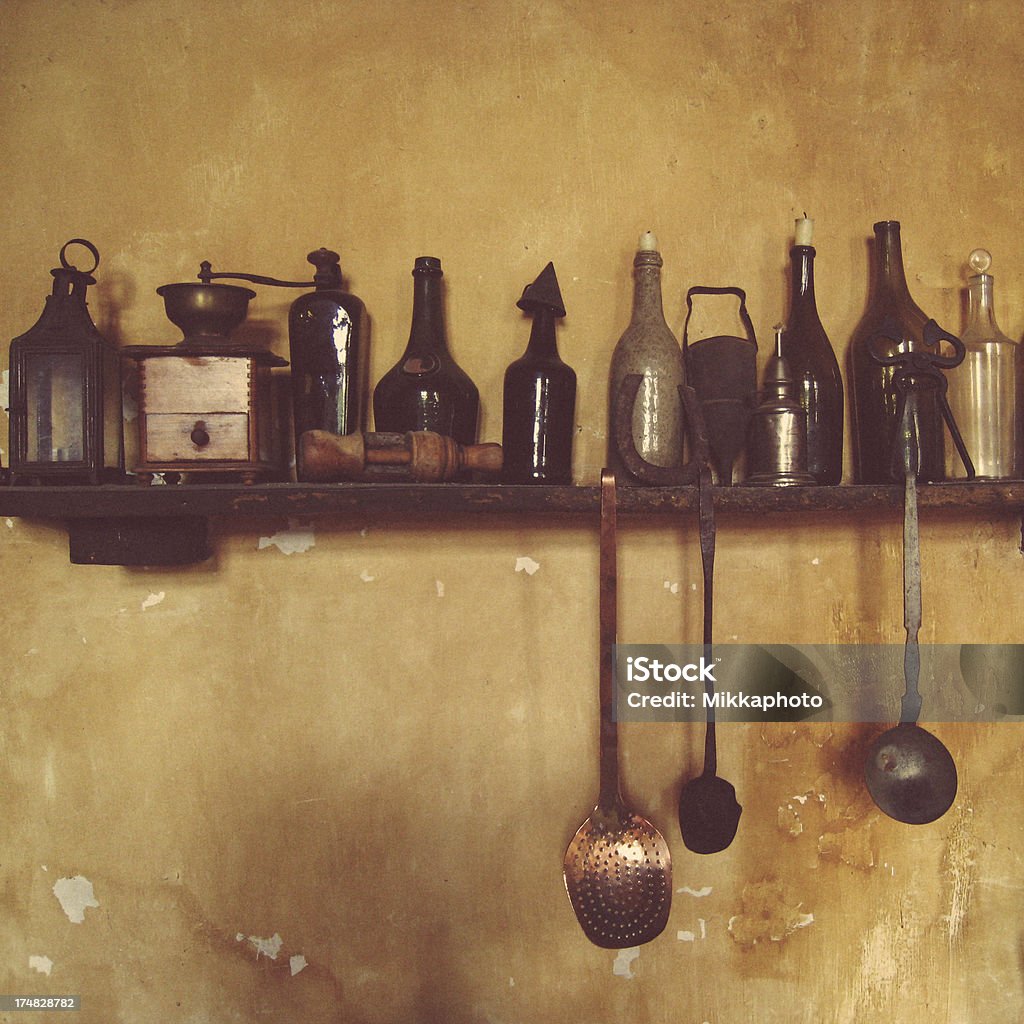 Kitchen wall "Vintage kitchen shelf with equipment. Taken with iPhone 4s, MobileStock shot, In-Camera Editing" Antique Stock Photo