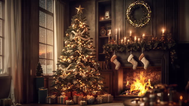 The Christmas spirit comes alive in this picturesque scene, showcasing a charmingly wrapped gift in the foreground, and a beautifully decorated Christmas tree and a cozy fireplace, both aglow with the magic of the season.