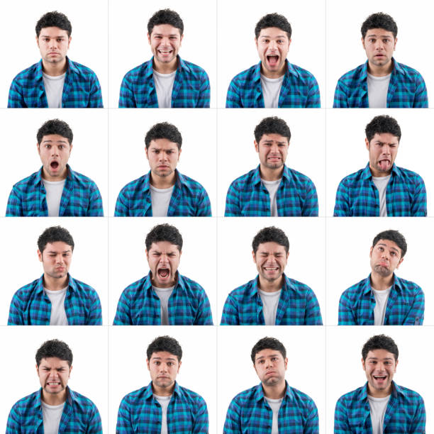 jovem fazendo expressões faciais - humor asking nerd men imagens e fotografias de stock