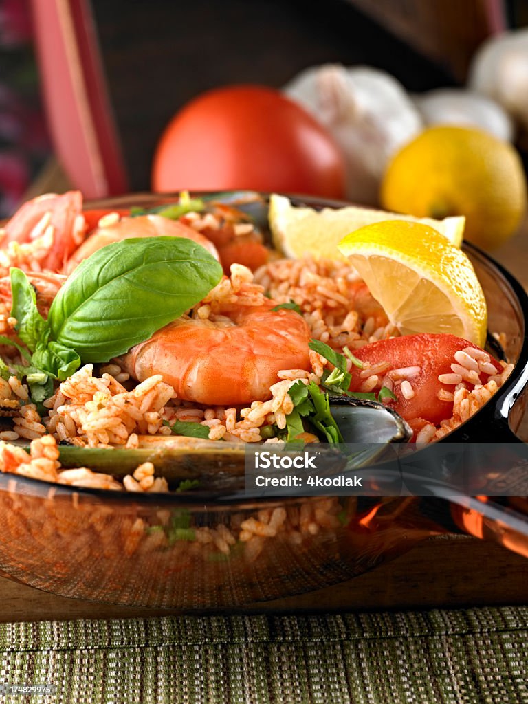 Seafood Paella Seafood Paella in Pan. Bean Stock Photo