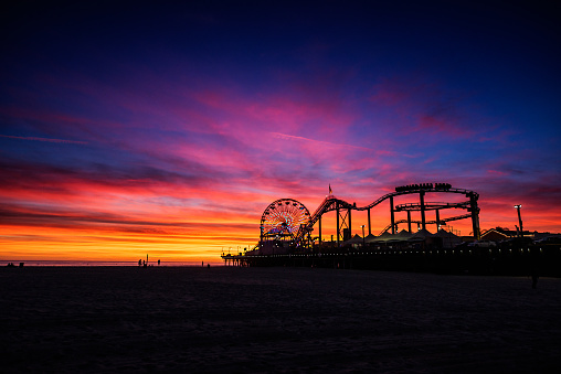 Amusement park at Santa Monica Beach after sunset.