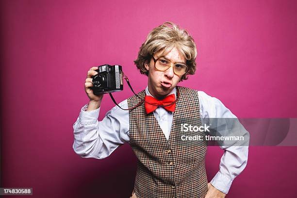 Nerdy Pink Background Photographer Student Young Man Stock Photo - Download Image Now