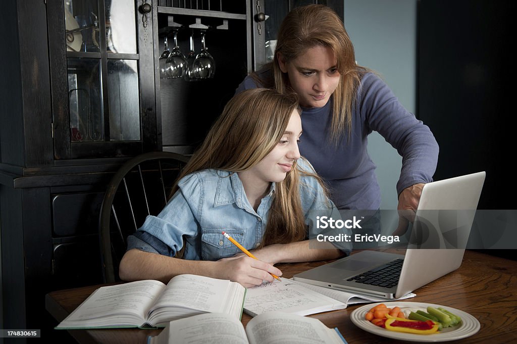 母と彼女の娘宿題サポート - コンピュータのロイヤリティフリーストックフォト
