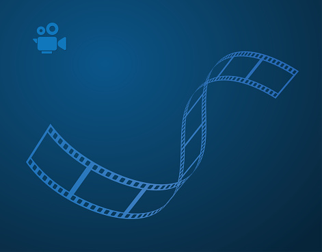 Blue cinema abstract background. 3d design with film reel and movie video camera.