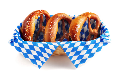 three Pretzel on blue white bavarian napkin typical Beer Fest foodSee also my other Beer Fest images: