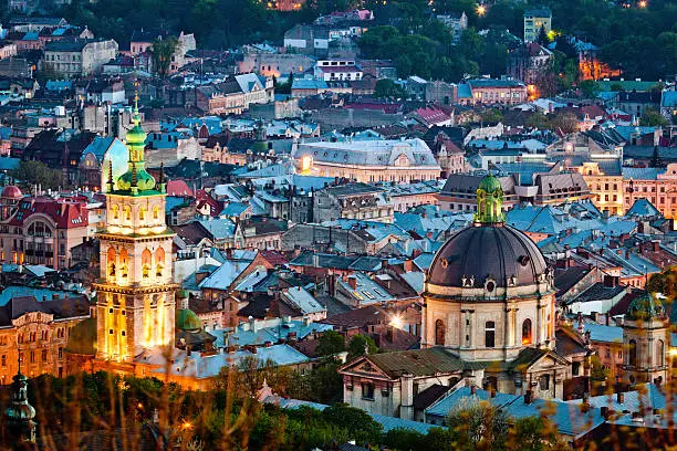 View of Lviv from the Castle Hill at night, Ukraine