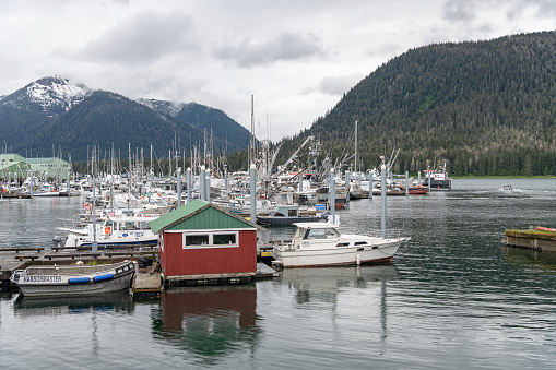 The Harbour master's hut and boat with Commercial fishing and pleasure Boats in the Marna, Petersburg, Alaska, USA