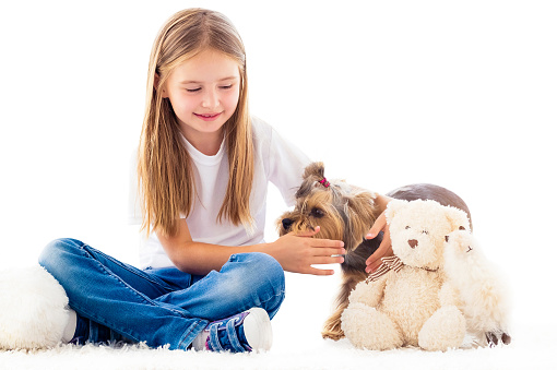 Little girl catching small dog in light room isolated on white