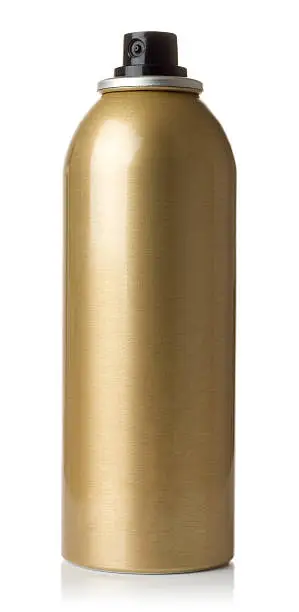 An unbranded gold-metallic aerosol can on a white background.