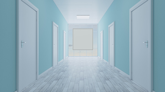 The Corridor in office building. 3D rendering. Mockup.   Empty paintings