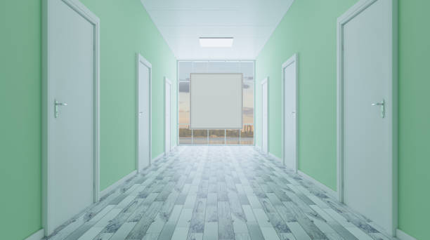 istock The Corridor in office building. 3D rendering. Mockup.   Empty paintings 1748321614