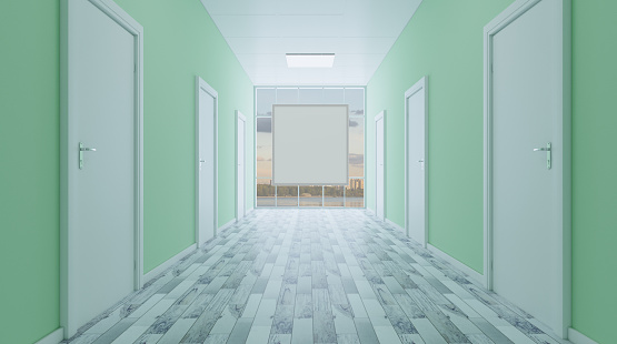The Corridor in office building. 3D rendering. Mockup.   Empty paintings