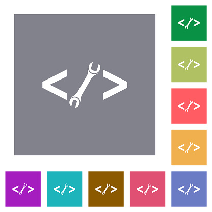 Web development with wrench flat icons on simple color square backgrounds