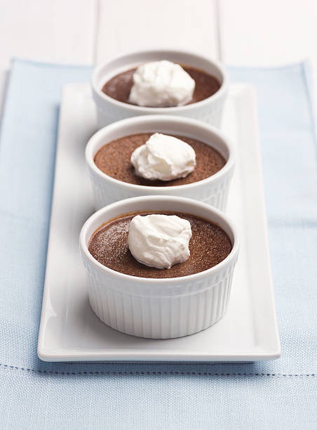 Three Ramekins of Chocolate Pot de Creme with Whipped Cream