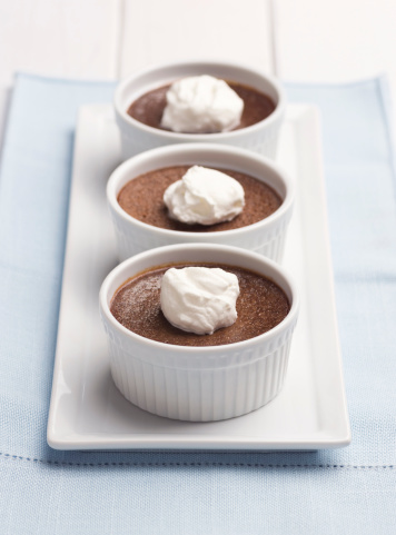 Three servings of the French dessert, chocolate pot de creme sit on a plate.