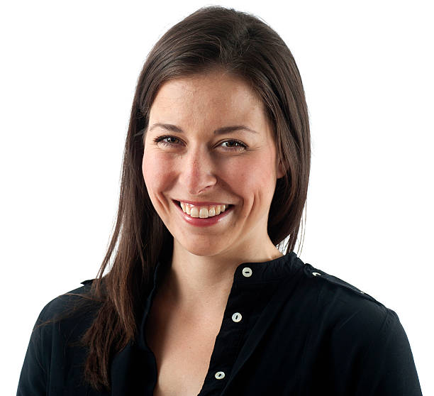 istock Young woman in black blouse smiles 174832934