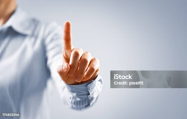 Businesswoman Touch Concept Stock Photo - Download Image Now - Touch Screen, Push Button, Pointing