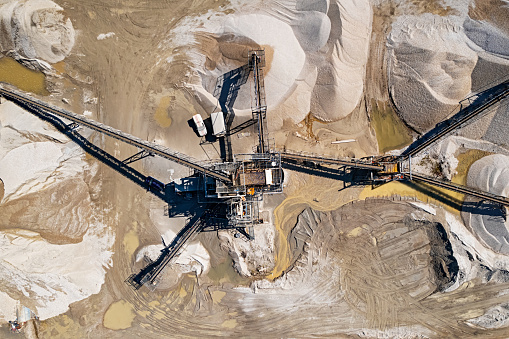 Overhead aerial view of crushed stone quarry machine