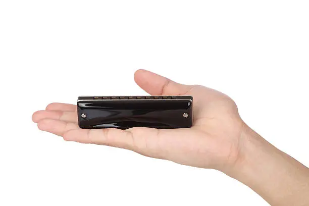 Man holding a harmonica on white background