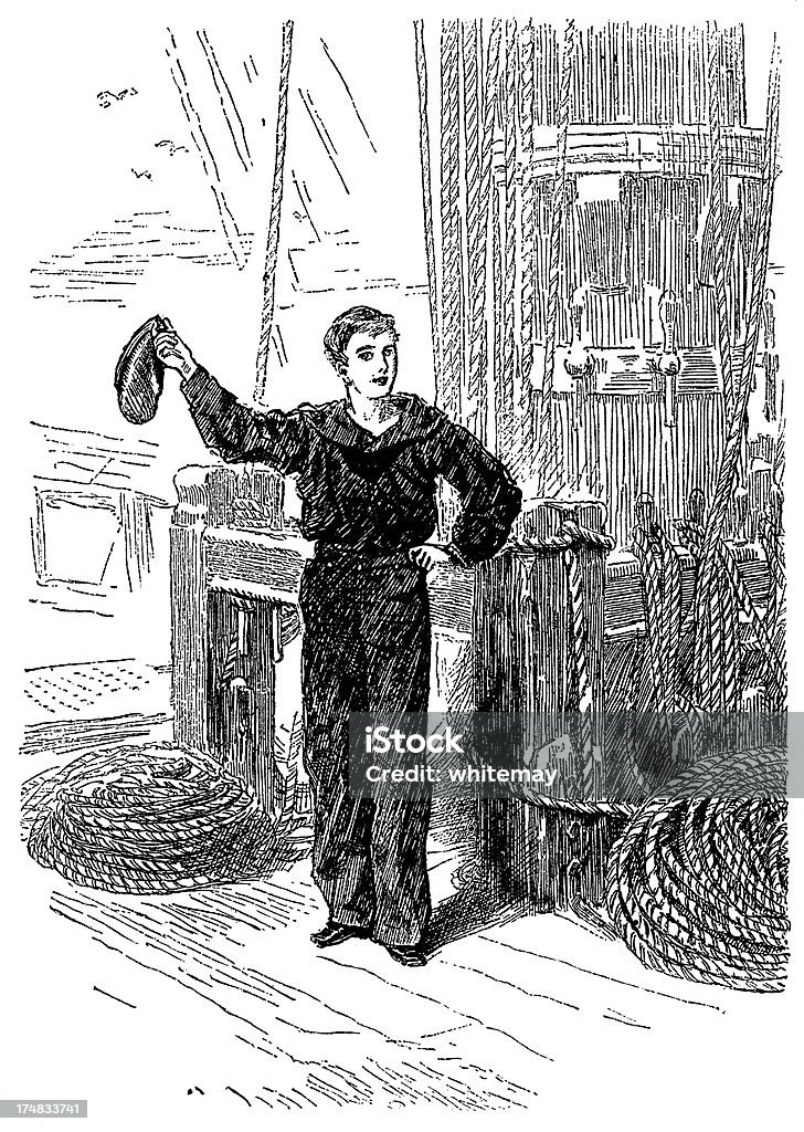 Sailor boy "A sailor boy standing beside the mast on the deck of a sailing ship. From aEThe Boyaas Own Paperaa 1879-80, a British newspaper for boys which was at that time published by the Religious Tract Society and which featured stories, heroic deeds, facts, educational items and illustrations." Sailor stock illustration