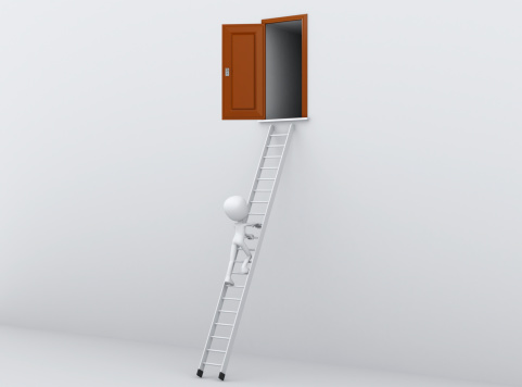 Ladder with light standing next to blue wall, climb up concept. 3d render.