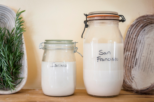 Jars Of Ischia And San Francisco Sourdough Used In Place Of Yeast In Baking