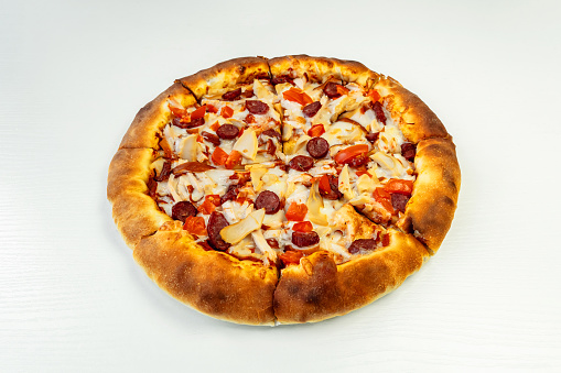 Delicious classic italian Pizza Pepperoni with sausages and cheese mozzarella on white background