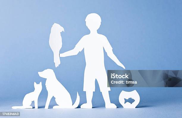 Paper Concept Child And Lots Of Pets Stock Photo - Download Image Now - Bird, Dog, Domestic Cat
