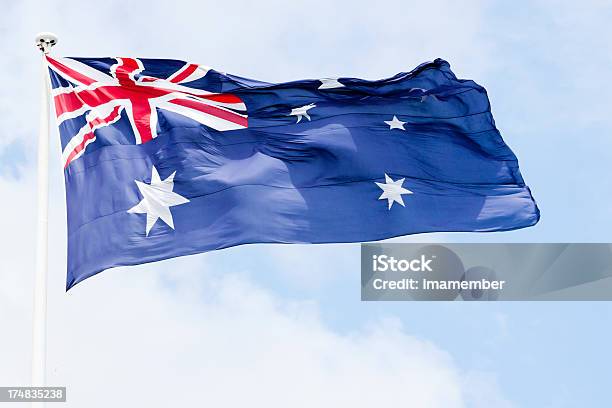 Australische Flagge Im Wind Gegen Himmel Textfreiraum Stockfoto und mehr Bilder von Australien