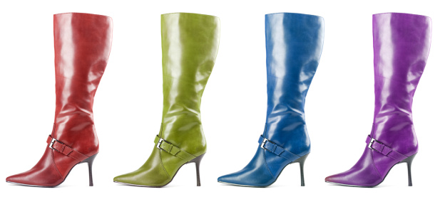 Different colored high heel boots.
