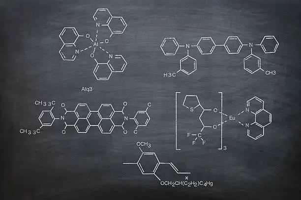 chemical structures on a blackboard.