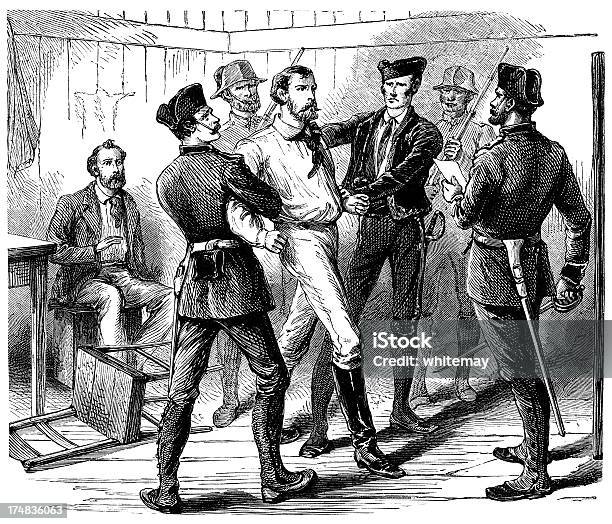 Illustrazione Di Uomo Arrestati In Spagnolo - Immagini vettoriali stock e altre immagini di 1850-1859 - 1850-1859, Forze di polizia, Ambientazione interna