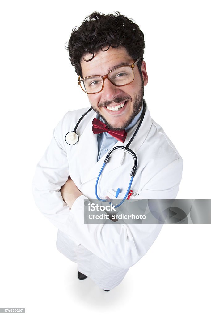 Happy doctor Fish eye lens portrait of funny male doctor isolated on white background 20-29 Years Stock Photo