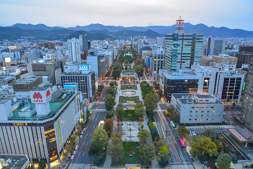Sapporo, Japan - Oct 1, 2017. Aerial view of Sapporo at twilight in Hokkaido, Japan. Sapporo is the largest city on Hokkaido Island, and the fifth largest population in Japan.