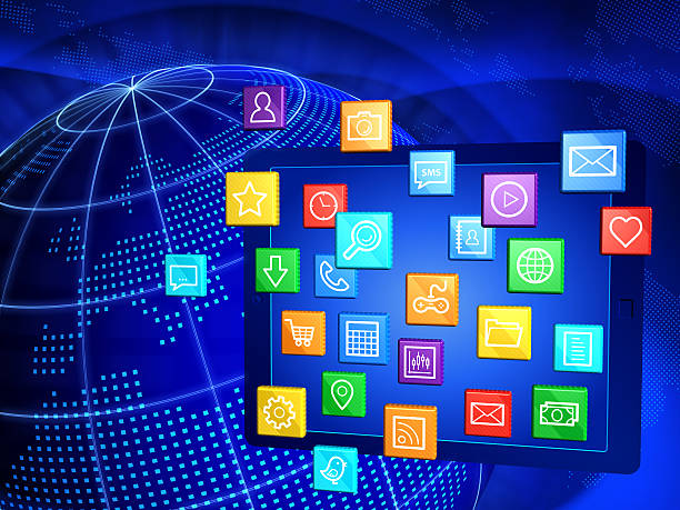 Tablet computer with cloud of application icons stock photo