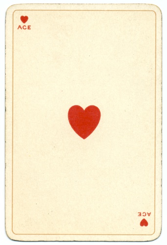 This is the Ace of Hearts from a well-known deck of vintage /antique (19th century) playing cards. It was printed in chromolithography by Bernard (Bernhard) Dondorf from Frankfurt aM, Germany, and the deck included characters from Shakespeare's plays as face cards. Bernard (Bernhard) Dondorf opened a lithographic printing business in 1833, first producing playing cards in 1839. His playing cards were popular for their designs and overall quality. He retired from the business in 1872 after producing popular and widely-copied designs for many years.