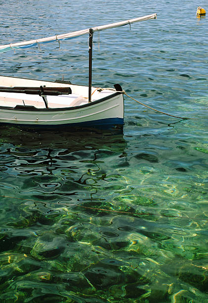 Fisher boat floating in a calm bay in the Mediterranean (Minorca).
