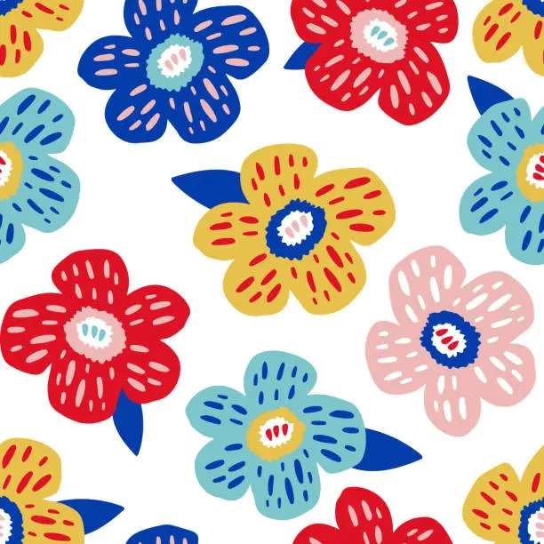 Vector illustration of Seamless floral pattern with bold colourful flowers. Botanical minimal texture. Vector illustration