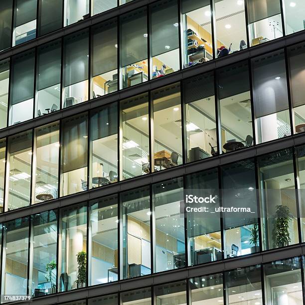 Illuminated Office Buildings In London Stock Photo - Download Image Now - Office Building Exterior, Night, City