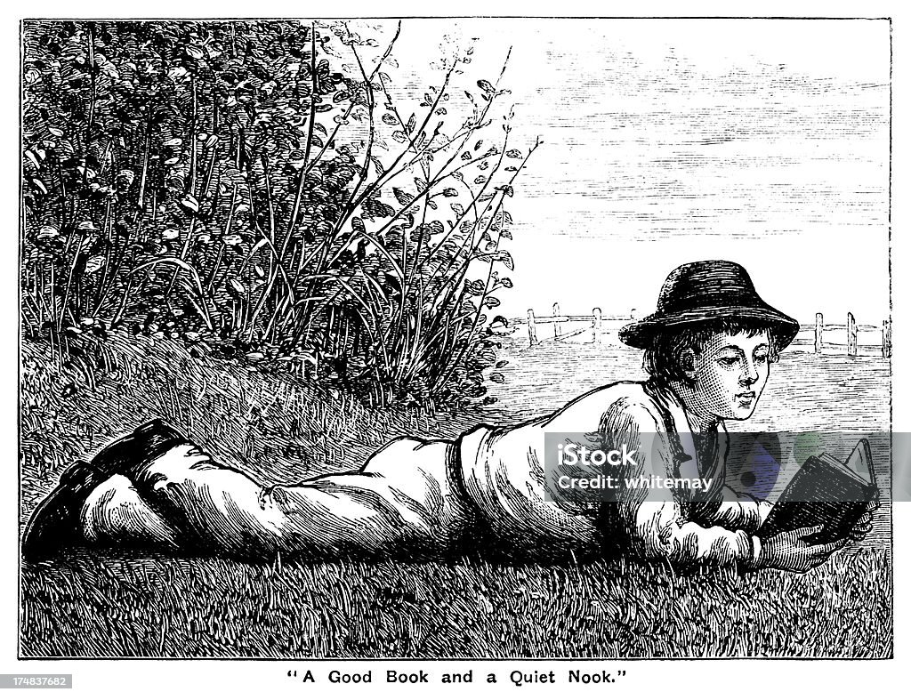 Victorian chłopiec czyta książkę na wsi - Zbiór ilustracji royalty-free (1850-1859)