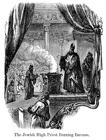 Vintage engraving from 1883 of a Jewish High Priest buring incense