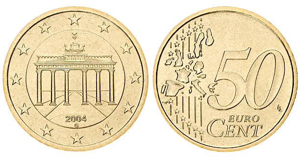 Fifty euro cents coin on white background Fifty euro cents (Germany) coin isolated on white with clipping path 2004 2004 stock pictures, royalty-free photos & images