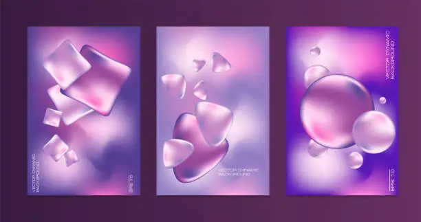 Vector illustration of Vibrant purple poster with flowing 3d geometric shapes. Trendy holographic gradient background. Perfect for engaging posters, flyers, brochures, web banners, mobile interface, infographics